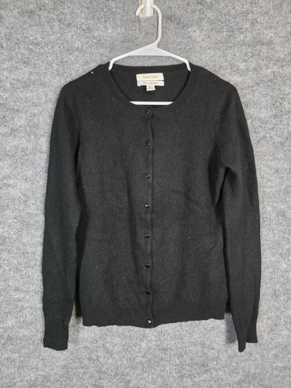 Ellen Tracy Sweater Womens Large Black 100% Cashmere Cardigan Hole Pilling Lint